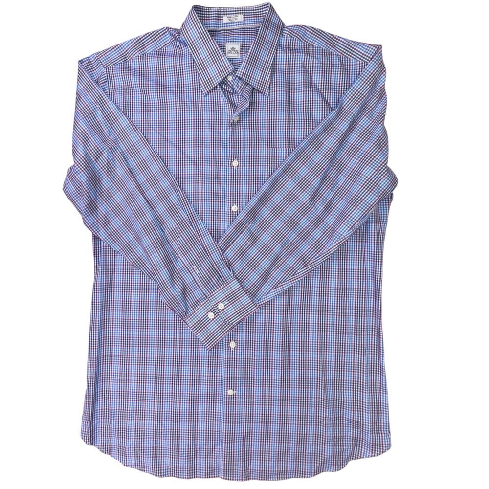 Peter Millar XL Check Plaid Dress Shirt Long Sleeve Cotton Blue Red